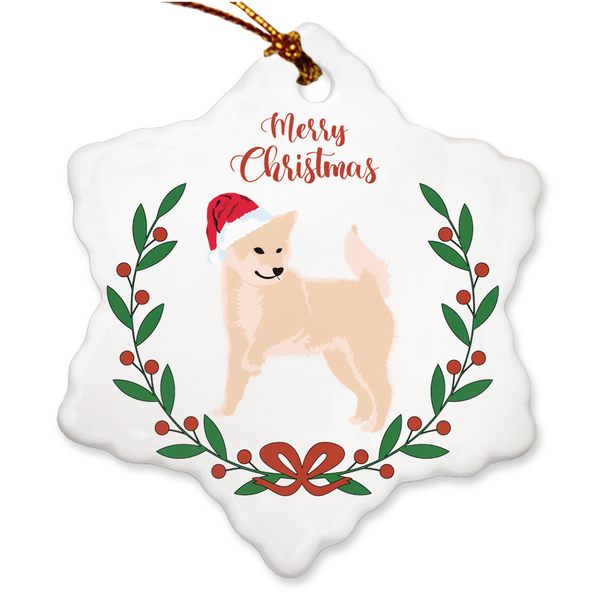 Merry Christmas / Cream Shiba  Porcelain Ornaments